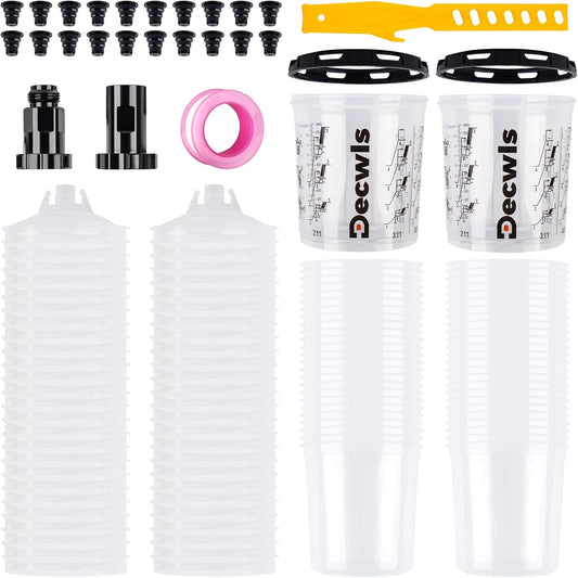 Disposable Paint Cup System 20 Ounce (600ml) Kit - 50 Pack Paint Cups with Lids, 2 Hard Cup with Retainer Ring, 20 Plugs, 2 Cup Adapter, PTFE Tape, Paint Stirrer for Automotive Paint Gun