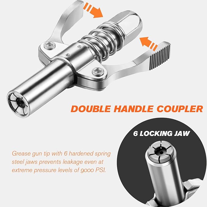 Lnchett Grease Gun with Quick Release Coupler and Towel, 9000 PSI Professional Heavy Duty 14 oz Grease Gun with 18 Inch Spring Flex Hose, 1 Reinforced Coupler, 2 Extension Rigid Pipe and1 Sharp Nozzle