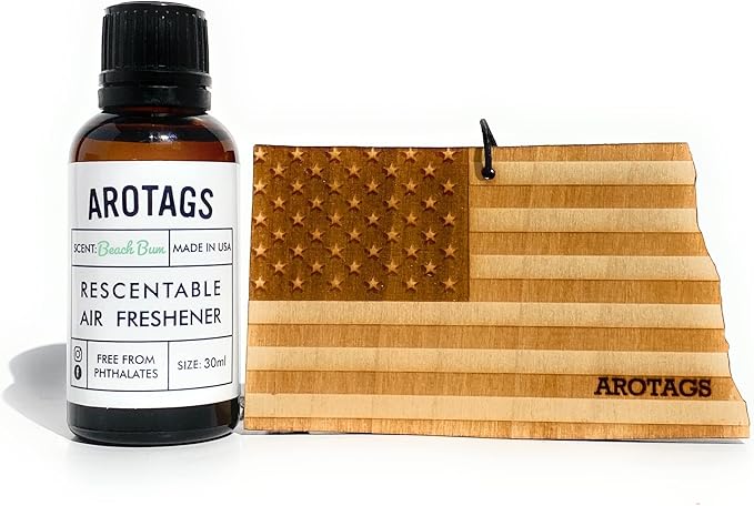Arotags Car Air Freshener - Reusable Wood Diffuser - Hanging Odor Eliminator - North Dakota Patriot - Beach Bum Scent