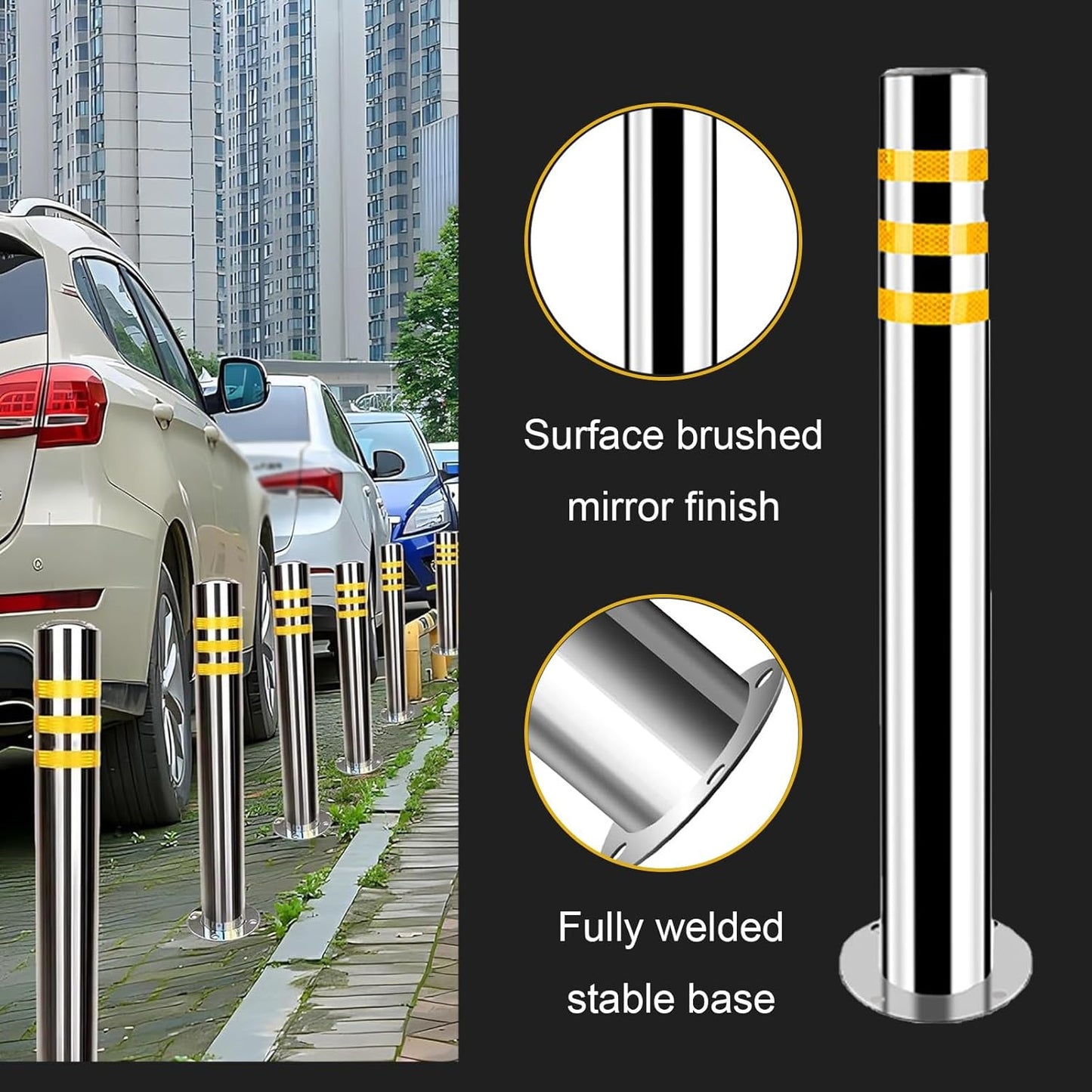 Stainless Steel Parking Bollards for Driveway, Industrial Safety Bollards Reflective Channelizer Post, Parking Barrier, Sturdy and Durable, Easy to Install, for Crowd Control(Silver (1pcs),7.6*75cm/3*