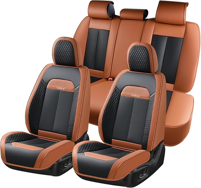 FLORICH Waterproof Car Seat Covers Full Set, Automotive Seat Covers, Brown Car Seat Covers, Luxury Seat Protector Universal fit for Most Cars SUVs and Trucks - Brown&Black