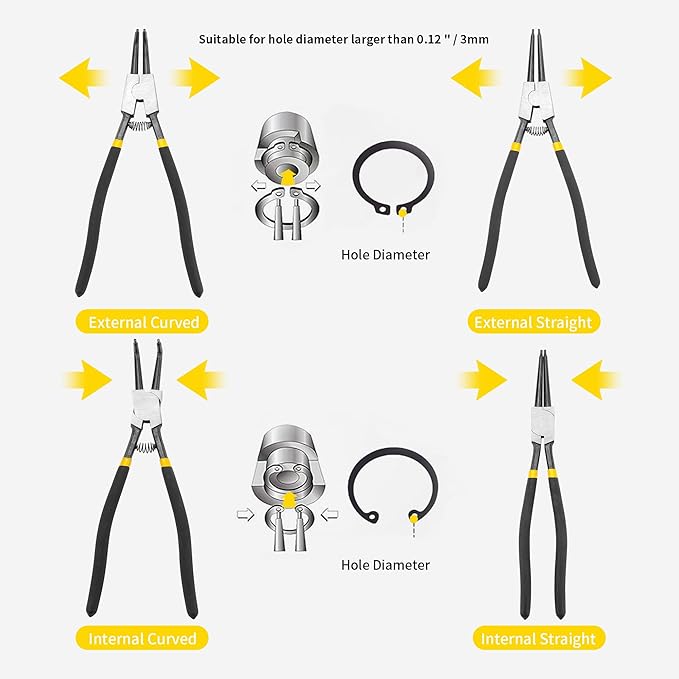 8 Pcs Extra Long Snap Ring Pliers with Hook Set, 13 inch Circlip Pliers Heavy Duty, Internal External C Clip Tool Straight Bent Jaws Retaining Ring Remover