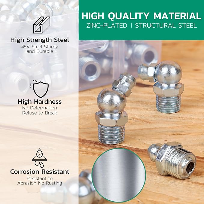Grease Fittings Assortment, 90PCS SAE & Metric Zerk Grease Fittings NPT 1/4" 1/8" M6 M8 M10, Straight 45 90 Degree Grease Nipple for Grease Gun