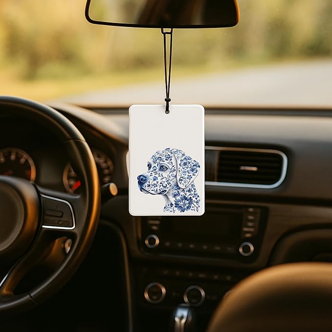 Blue Chinoiserie Labrador Retriever Car Air Freshener 4 Pcs, Blue and White Floral Dog Air Freshener Hanging for Cars Books Closet Drawer, Labrador Dog Lovers Gifts Car Accessories for Women