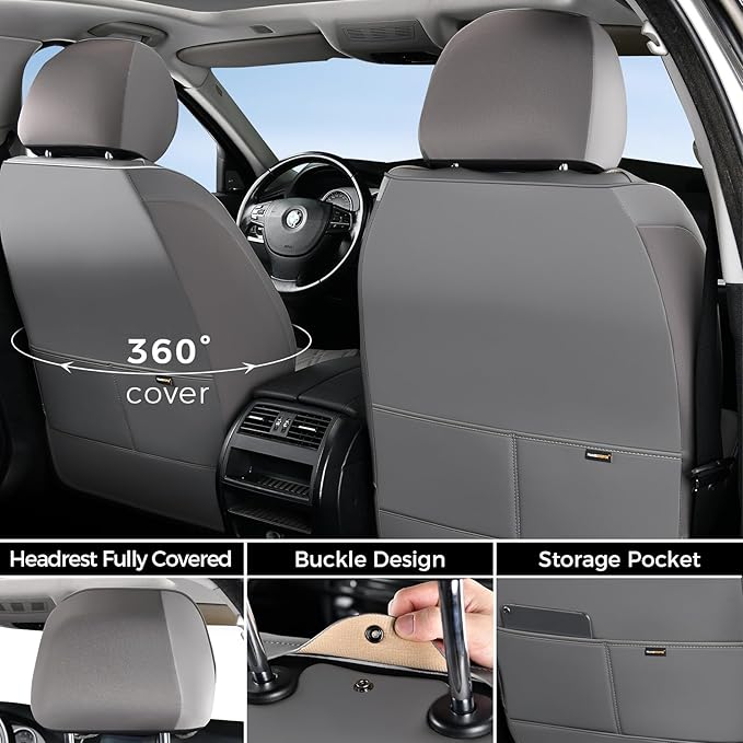 Huidasource Leather Seat Covers Full Set, Waterproof Truck Seat Cover for Sedan SUV Pickup Truck, Universal Fit for BMW for Buick for Subaru for Lexus for Volvo(Full Set/Gray)