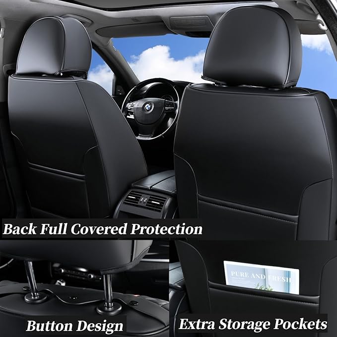 Coverado Car Seat Covers Full Set, Front Seat Cover and Back Seat Covers for Cars, Faux Leather Waterproof Seat Covers, Car Seat Protectors, Automotive Seat Covers Universal for Most Vehicles Black