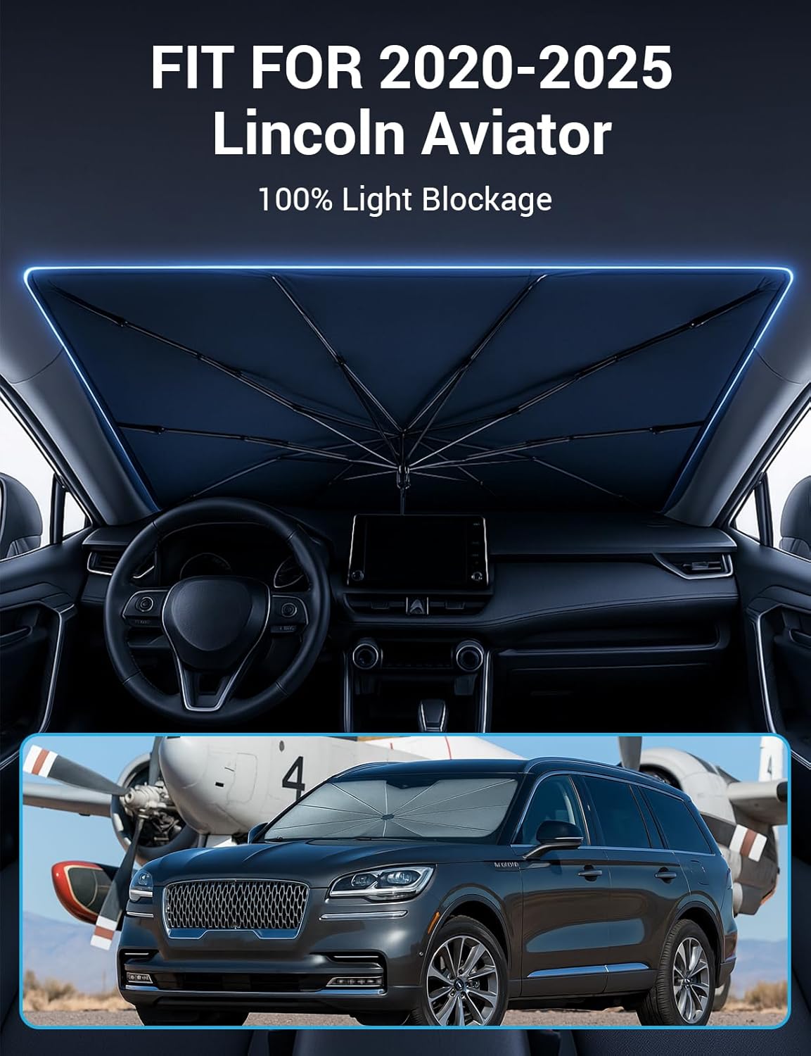 Proadsy Windshield Sun Shade Umbrella for Lincoln Aviator 2020-2025 Foldable Car Umbrella Sunshade with Soft TPU Handle Spring Structure Crystal Cooling Material Protect Car from Rays & Heat