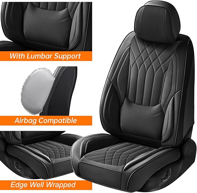 Car Seat Covers Front Seats Black, Luxury Leather Automotive Seat Covers with Lumbar Support, Waterproof Car Seat Protector Universal Fit for Most Cars Trucks Pick-ups SUVs