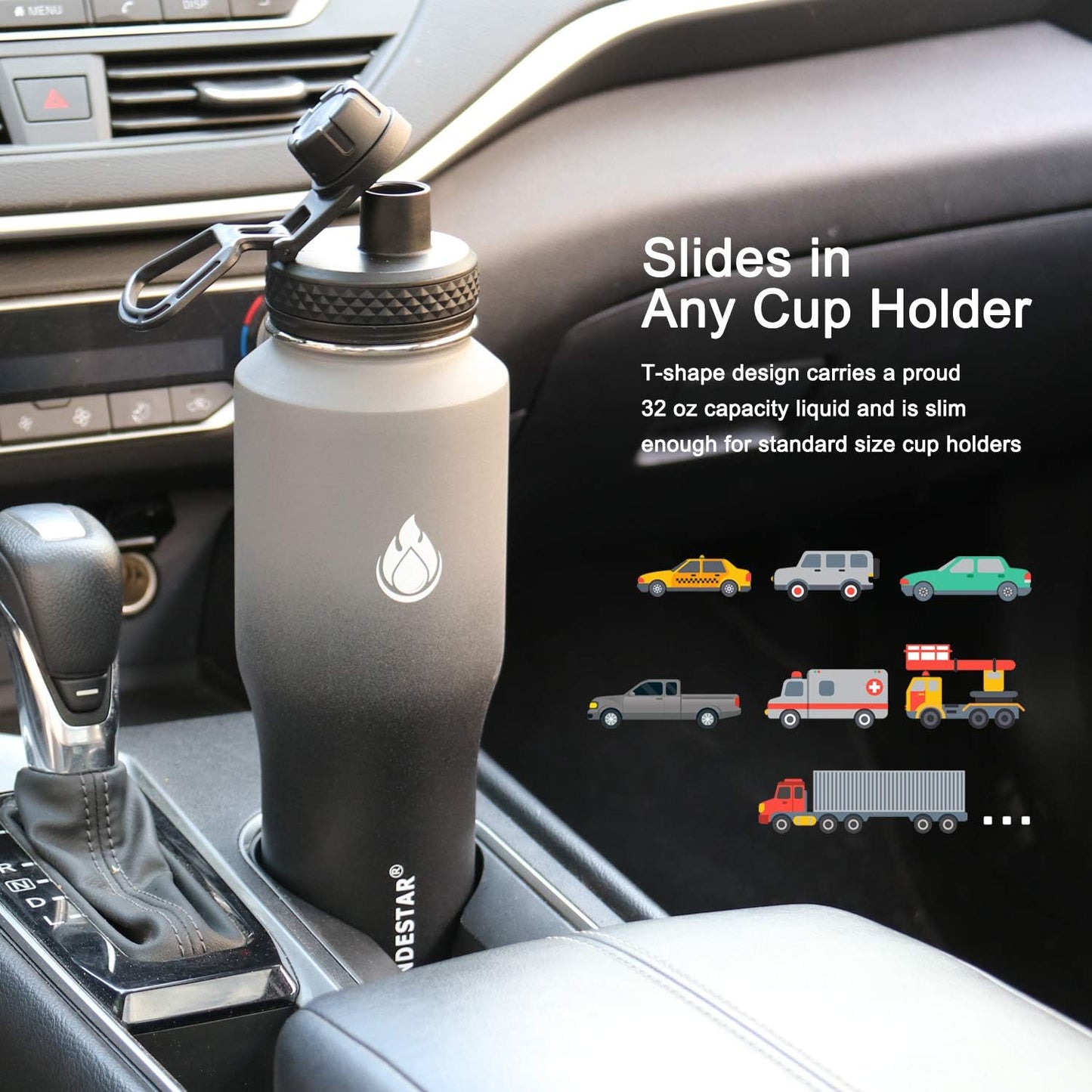 SENDESTAR Water Bottle 32oz,2 Lids(Straw lid),Wide Mouth Stainless Steel Vacuum Insulated Double Wall Keep Liquids Cold or Hot All Day,Sweat Proof Sport Design,Fit Car Cup Holder(Gray&Black)