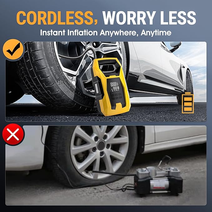 CARSUN Cordless Tire Inflator Portable Air Compressor, 150 PSI Air Compressor for Car Tires, Portable Tire Inflator with Digital Dual Values Display, Tire Pump for Car, Bike, Motorcycle, Ball