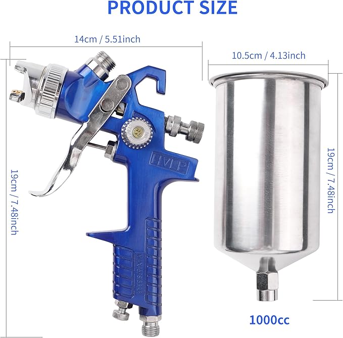 HVLP Gravity Feed Spray Gun, Automotive Air Paint Spray Gun Kit with 4 Nozzles,1.4mm 1.7mm 2.0mm and 2.5mm, 1000cc Aluminum Cup, Suitable for Auto Paint, Base Coat & Touch Up