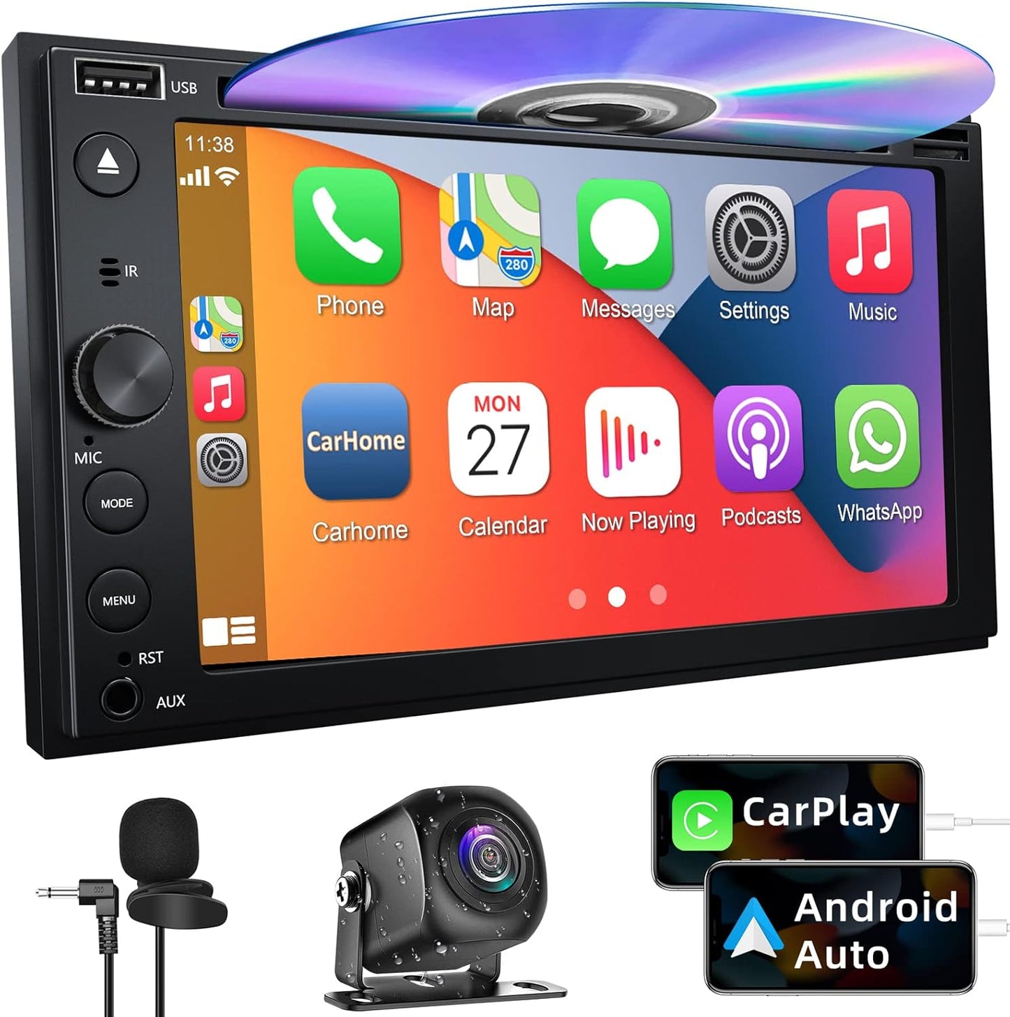 Double Din Car Stereo with CD/DVD Player Apple Carplay & Android Auto, 6.2Inch Car Radio with Bluetooth and Backup Camera, Touch Screen, Mirror Link, Steering Wheel Control, USB/TF/AUX Input, AM/FM