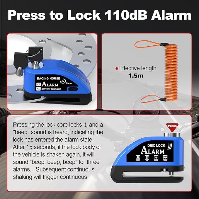 Motorcycle Lock Rechargeable, Alarm Disc Brake Lock with Reminder Cable, 110 dB Alarm Sound, Anti-Theft Waterproof, 2 H Fast-Charging, 9 Months Standby, 7 mm Lock Pin Universal for Bikes