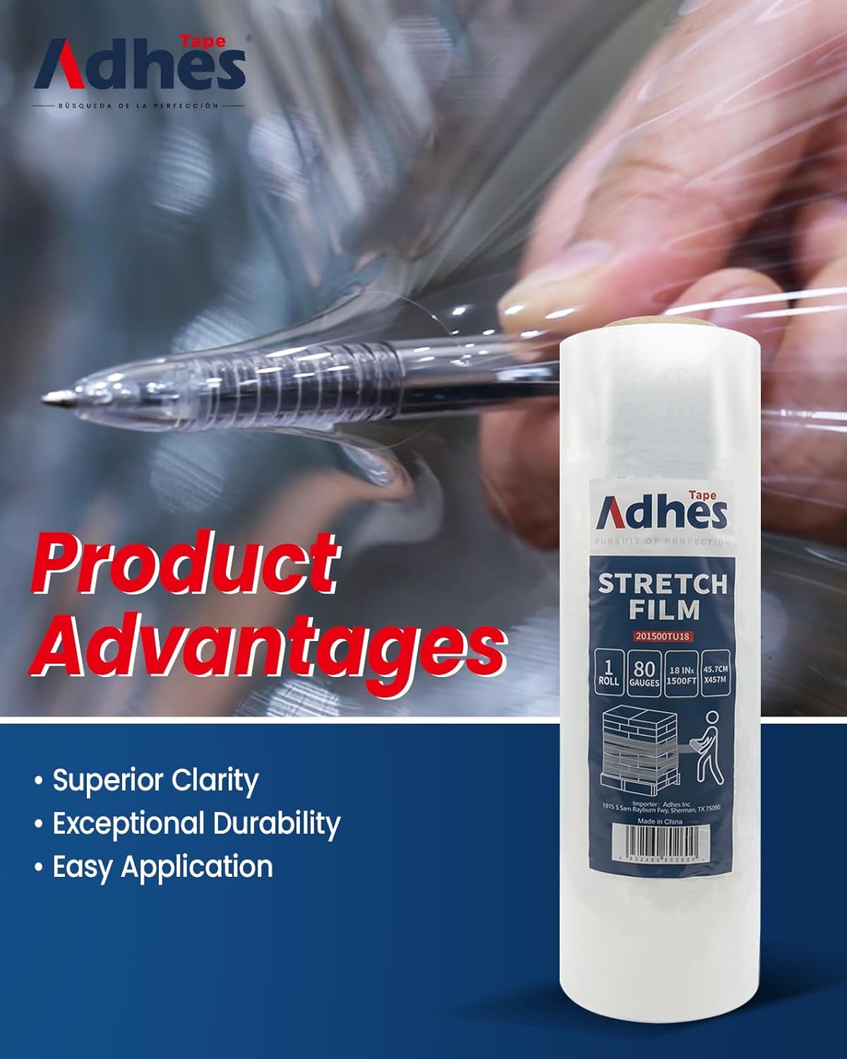 ADHES Heavy Duty Shrink Wrap Roll, 18 Inch x 1500 Feet, 2-Pack Stretch Wrap Stretch Film, 80 Gauge Industrial Strength Plastic Moving Rrap for Pallet Wrap, Furniture Wrapping Moving & Protection