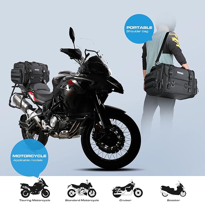 Rhinowalk Motorcycle Tail Bag Waterproof Saddlebag 40L to 60L Expandable Large Capacity Luggage for Motorbike Touring, Durable Powersports Travel Storage (60L, Black)