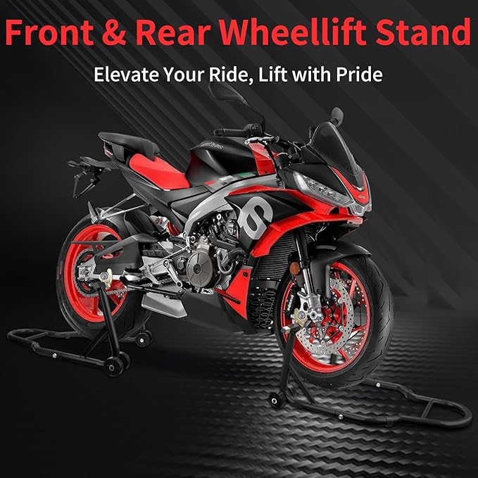 Motorcycle Stand‌ & ‌Lift‌ Combo 882LBS ‌Motorcycle Jack‌ Rear Wheel Stand Universal Fit for Sport Bikes (Yamaha/Kawasaki), Garage/Driveway Use by Mechanics (Black)