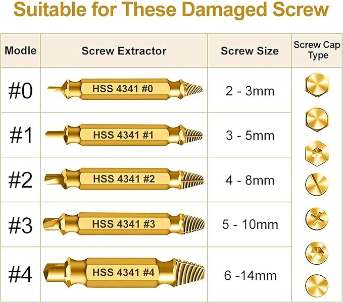 HSS 4341 Damaged Screw Extractor Set, 5-Piece Drill Bit Kit for Stripped Screws and Bolts, Gold, 2-14mm Range, High-Speed Steel with Storage Case