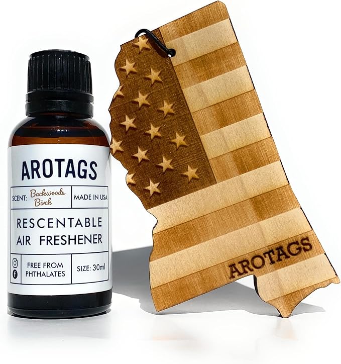 Arotags Car Air Freshener - Reusable Wood Diffuser - Hanging Odor Eliminator - Mississippi Patriot - Backwoods Birch Scent