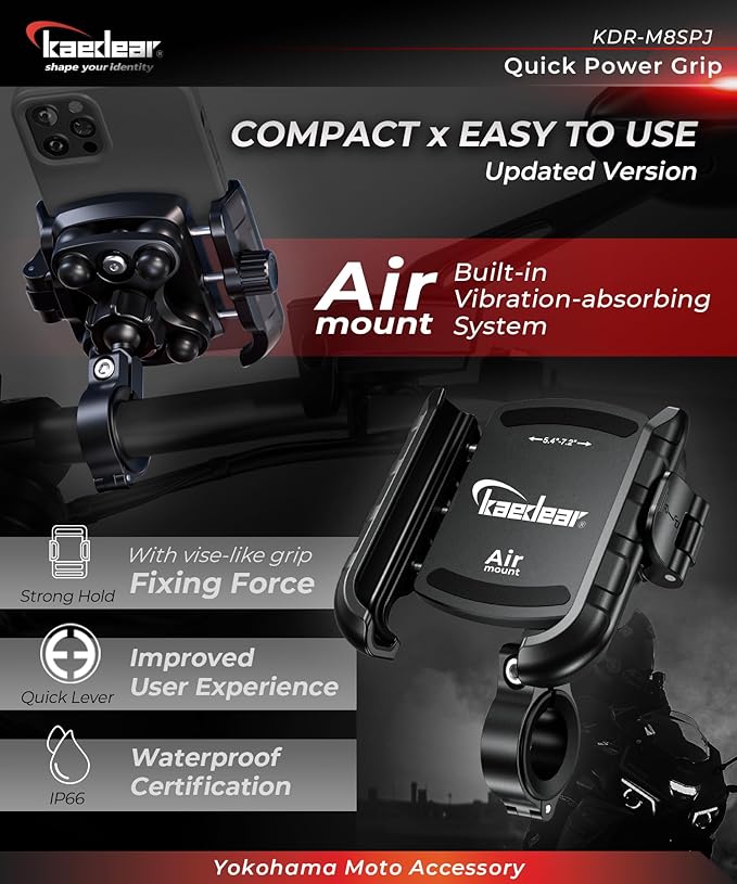 Kaedear Motorcycle Phone Holder, Phone Mount, Air Mount, Vibration Absorbing Mount, Quick Release, Power Grip, KDR-M8SPJ (Black)