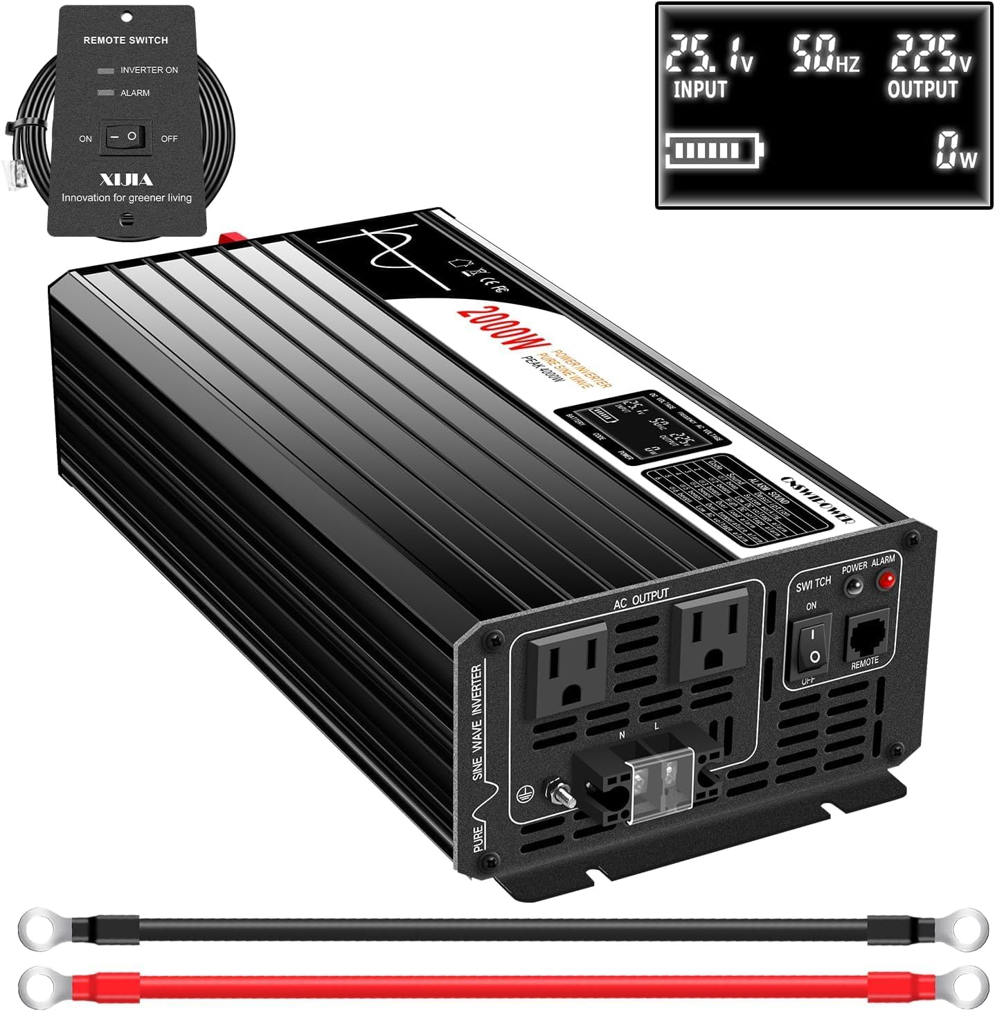 Xijia Pure sine Wave Inverter 2000w Power Inverter (Peak Power 4000W) dc 12v to 110v 120V ac rv Converter (DC12V (Range 10V-15V) 2000W)