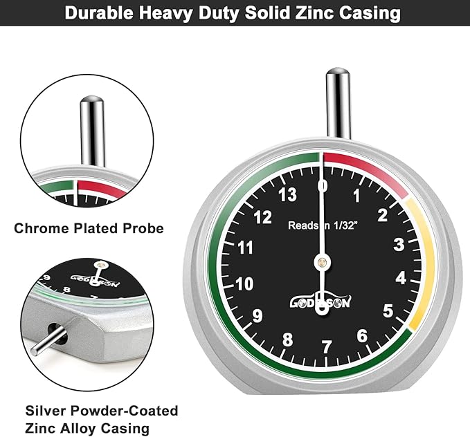 GODESON Tire Tread Depth Gauge,Dial Type Tire Depth Gauge in 32nds,Color-Coded and Easy Reading Tread Depth Gauge for Motorcycle, Car,Truck and Bus, Silver Powder-Coated Zinc Alloy Casing & Black Dial