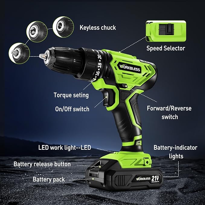 WORKBLESS Cordless Drill, Power Drill Set with 1 Battery and Charger, 40Nm, 20+1 Torque, 2 Speed, Keyless 3/8" Electric Screwdriver with LED Light, 28pcs Drill Bits Set(Green)
