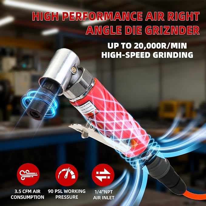 1/4-Inch Air Right Angle Die Grinder, Pneumatic Die Grinder Tool with 1/4" & 1/8" Collets, Heavy Duty Air Grinder for Grinding, Cutting, Polishing, Deburring, Welding Repair - Air Tools DIY