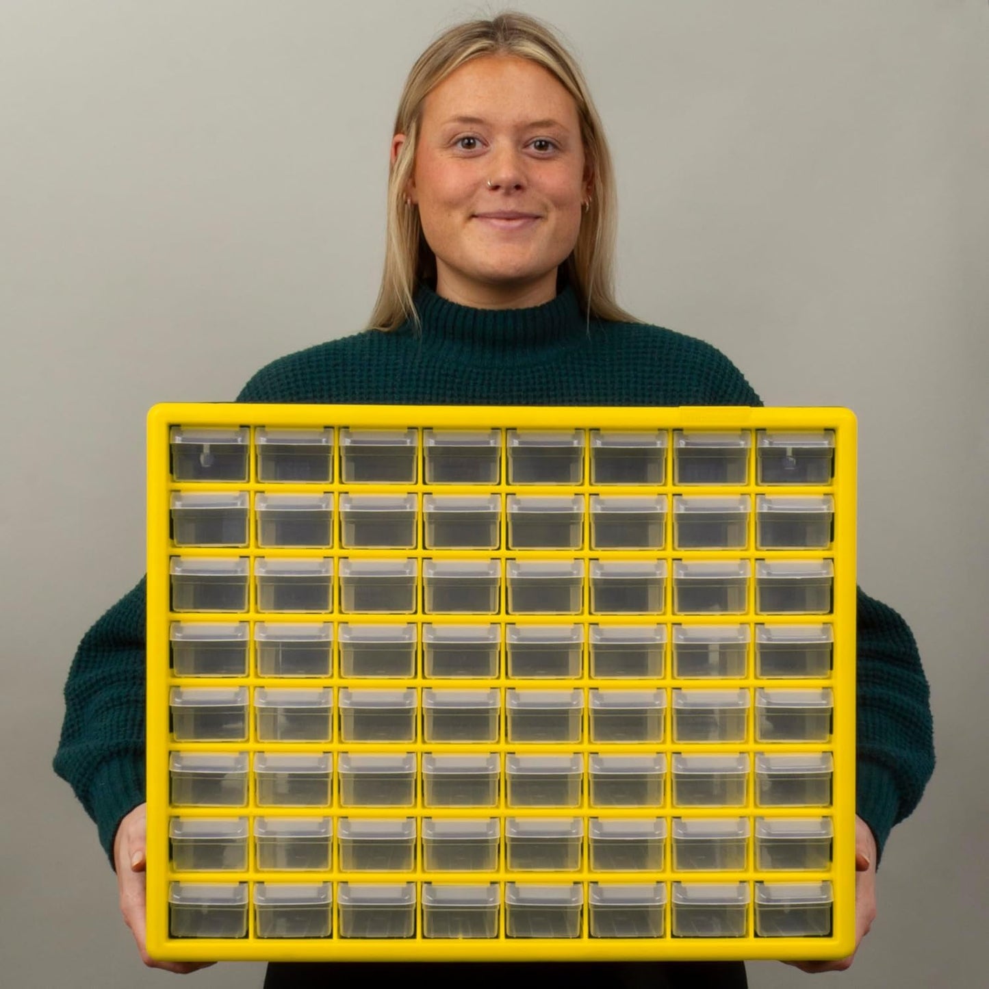 Akro-Mils 64-Drawer Plastic Drawer Storage Cabinet for Garage Organization, Bead Organizer, Building Bricks Storage, Teacher Toolbox, Makeup Organizer, 20-Inch W x 6-Inch D x 16-Inch H, 10164 Yellow