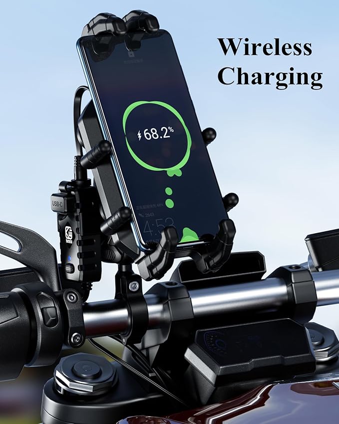 BRCOVAN Motorcycle Phone Mount Holder with Qi 15W Wireless Charger & 30W PD/USB-C Fast Charging Port, Anti-Theft Handlebar Cellphone Cradle with Vibration Dampener, Adjustable for 5.4-7.2'' Smartphone