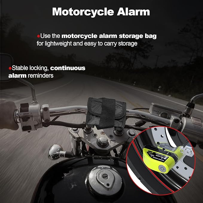 Motorcycle Lock Rechargeable, Alarm Disc Brake Lock with Reminder Cable, 110 dB Alarm Sound, Anti-Theft Waterproof, 2 H Fast-Charging, 9 Months Standby, 7 mm Lock Pin Universal for Bikes