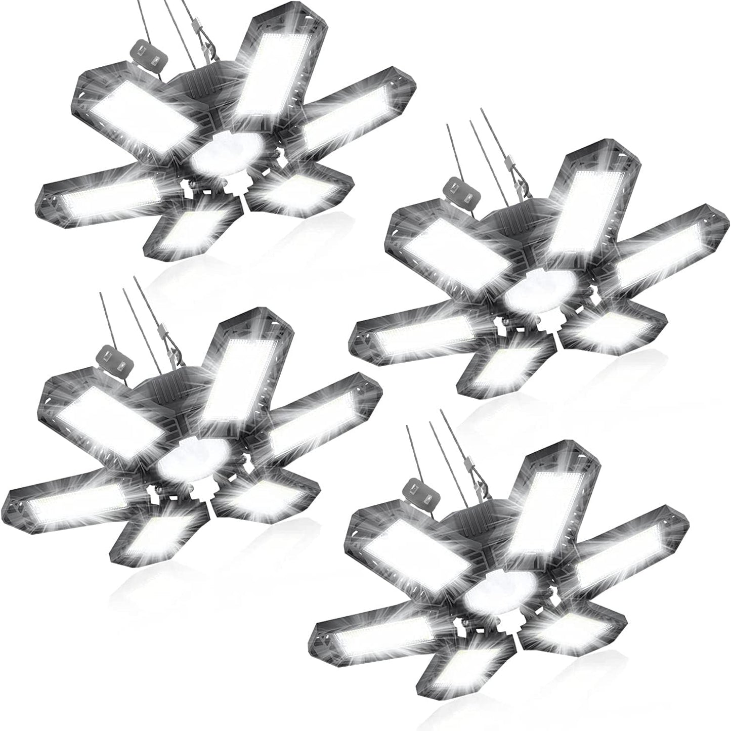 SEOBIOG LED Garage Lights 4 Pack, 200W 20000LM Plug in Linkable LED Shop Light, 6500K Ceiling Light Fixtures with 6+1 Deformable Panels for Garage, Work Bench (Built-in ON/Off Switch)