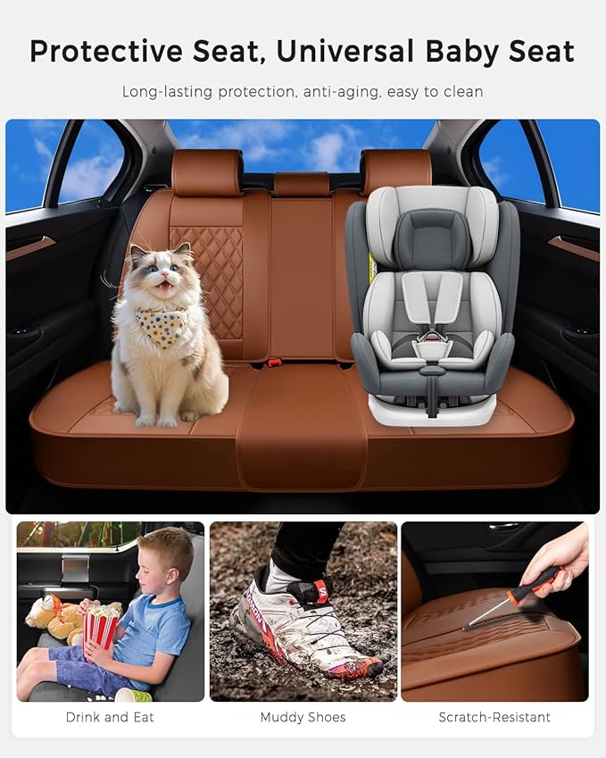 Huidasource Brown Back Seat Covers, Nappa Leather Rear Seat Covers Velcro Adjustable, Compatible with Armrests, Seat belts, Child Safety Seats, Universal Fit for Most Cars SUVs Trucks (Back Row/Brown)