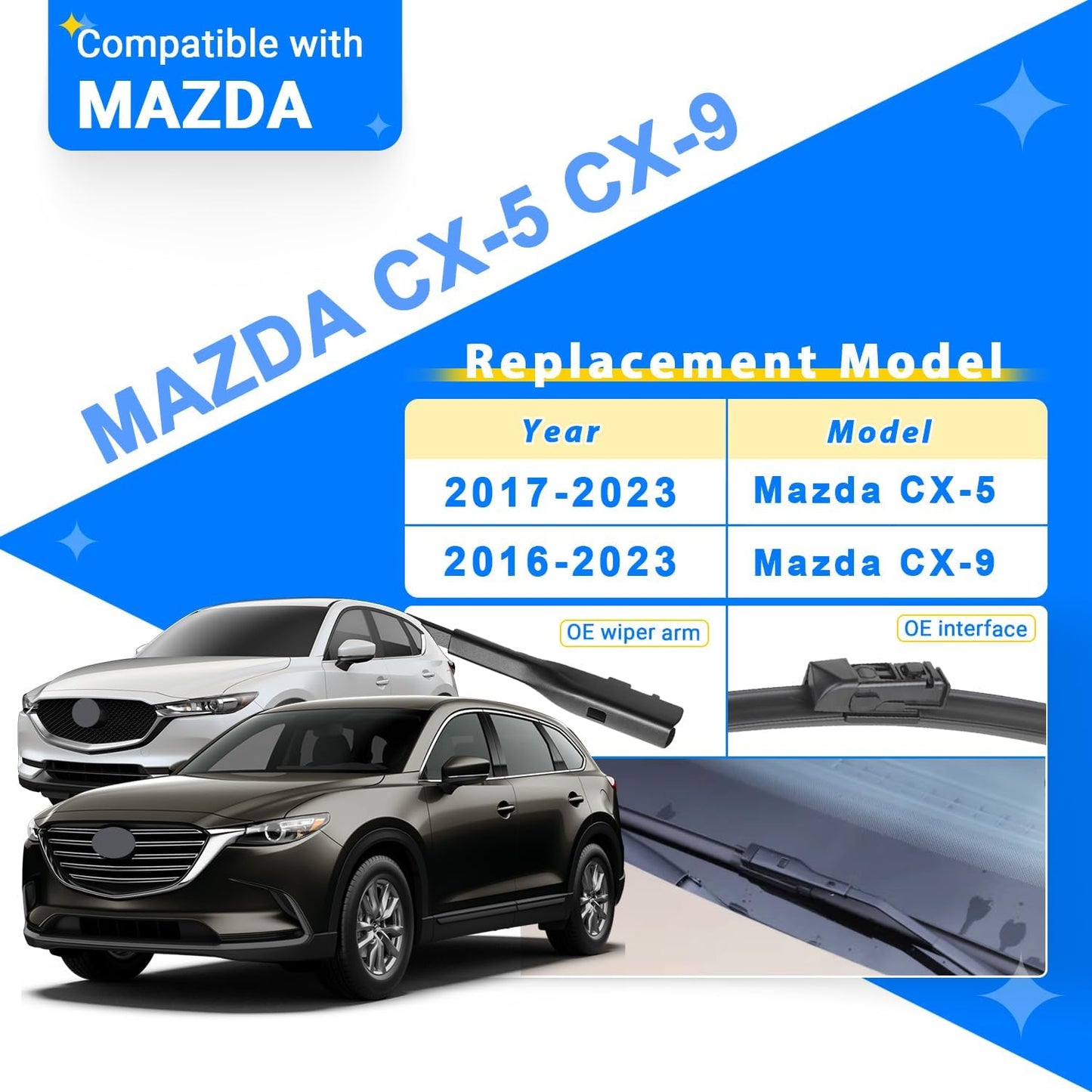 Windshield Wiper Blades Replacement for Mazda CX-5 CX-9 2017 2018 2019 2020 2021 2022 2023 CX5 CX9 Original Factory Quality Front Rear Wipers Blade Set for My Car - 24" 18" 14" (Pack of 3)