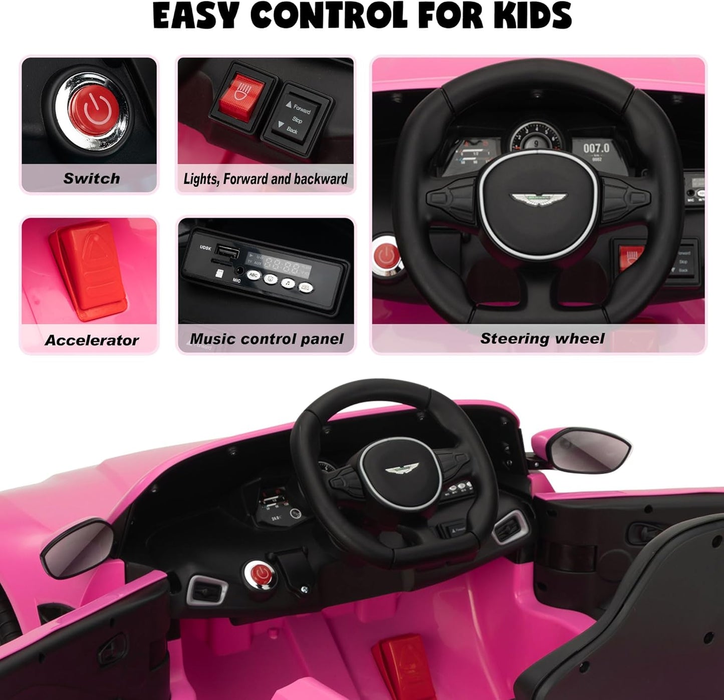 Ride on Car with Remote Control, 12V Licensed Aston Martin Electric Car for Toddlers with Soft Start, Music, USB, Bright Lights, Battery Powered Car for Kids 36-95 Months (Pink)