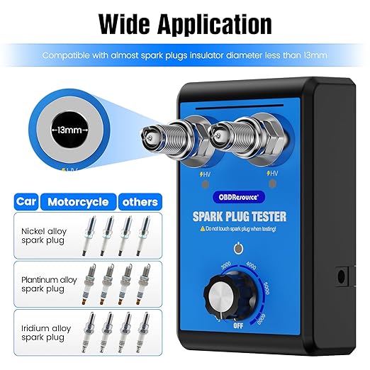 OBDResource Automotive Spark Plug Tester Engine Ignition Spark Plugs Tester Analyzer 0 to 6000RPM Car Motorcycle Spark Plug Testers Tool for 12V Gasoline Vehicles Dual Holes 13MM Spark Plug Socket