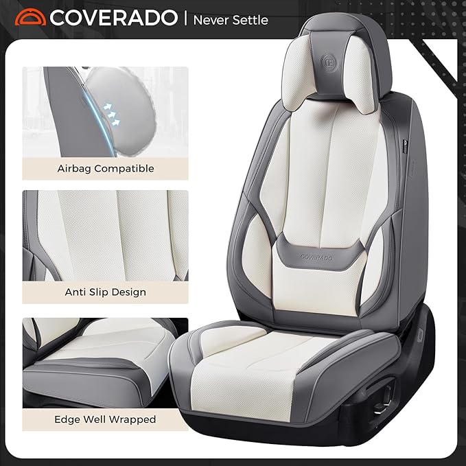 Coverado Seat Covers, Car Seat Covers Front Seats, Car Seat Cover, Car Seat Protector Waterproof, Seat Cushion Nappa Leather with Head Pillow, Carseat Cover Universal Fit for Most Cars (Gray&White)