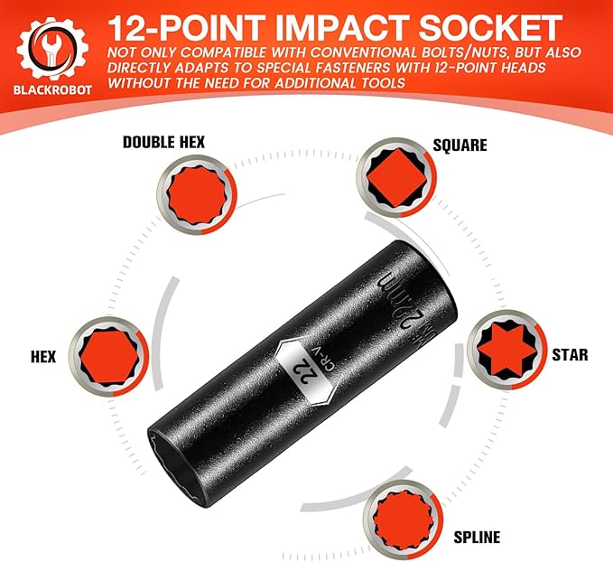 BLACKROBOT 22 mm 12-Point Deep Impact Socket, 1/2 Inch Drive, Metric, Cr-V Steel With Black Manganese Phosphate Coating