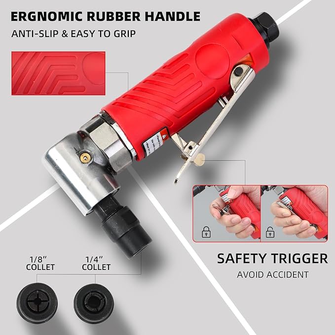 1/4-Inch Air Right Angle Die Grinder, Pneumatic Die Grinder Tool with 1/4" & 1/8" Collets, Heavy Duty Air Grinder for Grinding, Cutting, Polishing, Deburring, Welding Repair - Air Tools DIY
