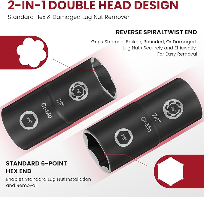 2-In-1 Lug Nut Removal Tool & Impact Socket Set, with 1/2" Drive, Easy Out Broken Bolt Extractor Kit, Ez Out Stripped Wheel Lock for Removing Rounded, Rusted Bolts, Nuts & Screw 7-Pieces(Red)