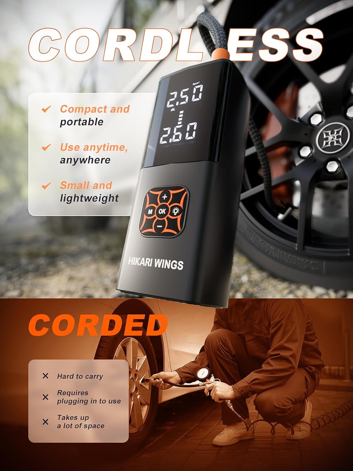 HIKARI Tire Inflator Portable Air Compressor-8X Faster, 25,000mAh Battery, 150PSI Cordless Air Pump with Digital Pressure Gauge for Car, Bike, Motorcycle, Balls