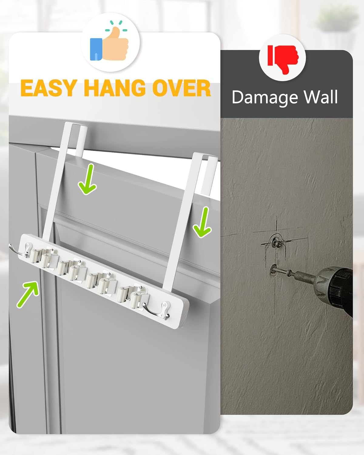 Lorbro Broom Holder Door Mount, Over the Door Broom and Mop Holder with 2 Over Door Hooks, Wood Broom Hanger, Tool Rack Organizer for Laundry, Garage, Closet, Kitchen Decor, 4 Slots & 4 Hooks Rustic