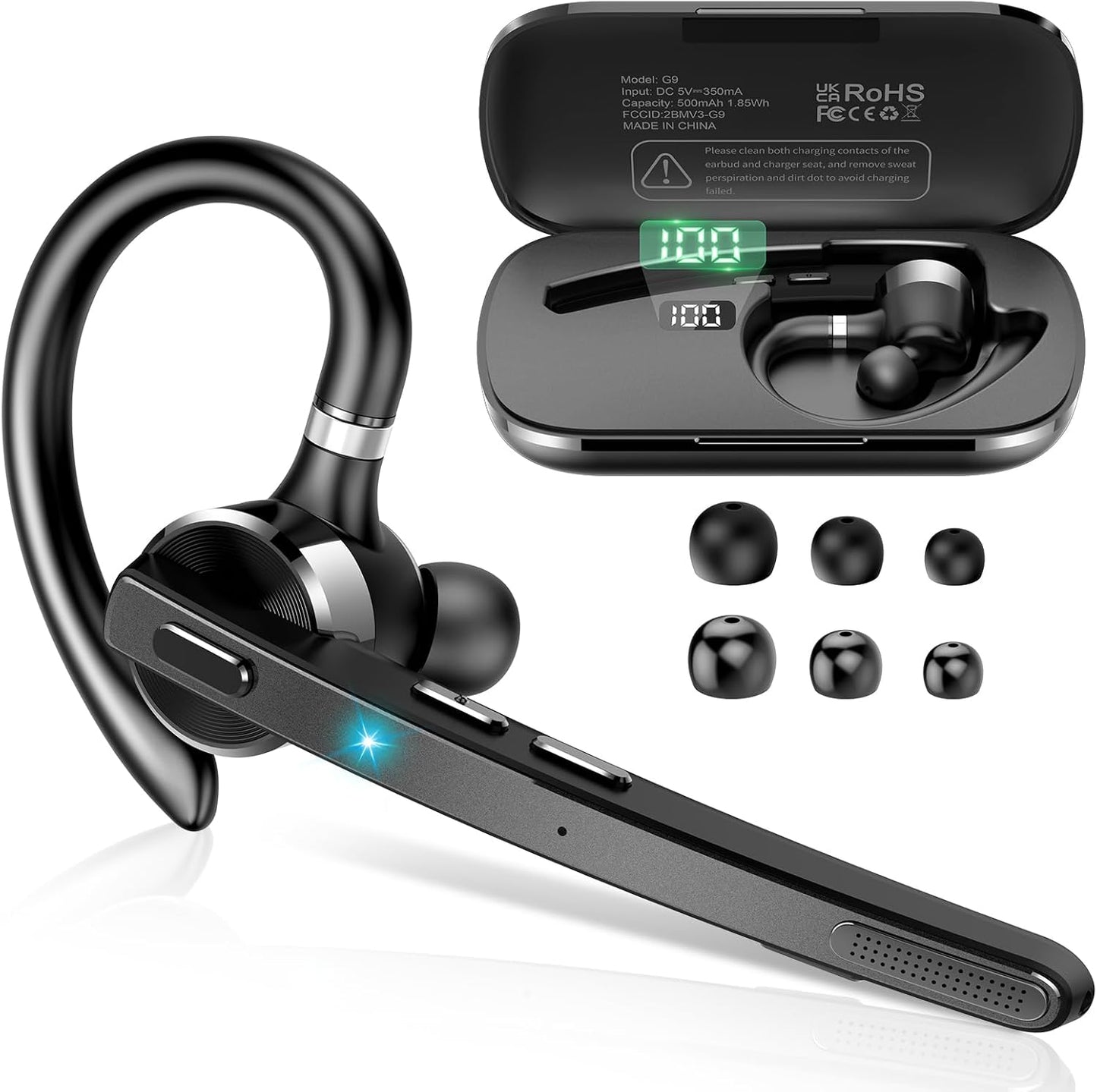 Bluetooth Headset, Wireless Bluetooth 5.3 Earpiece, 90Hrs Hands Free Headset with APTX HD Audio & Mute Button, Dual Noise Cancelling Mics, Single-Ear Headphone for Trucker/Business/Office/Gym