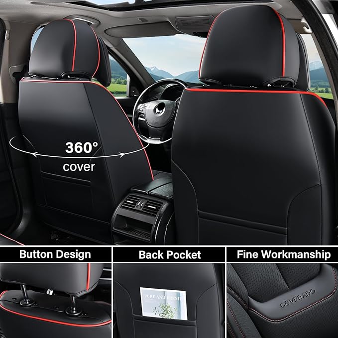 Coverado Universal Seat Covers Front, 2-Pack Universal Seat Covers for Cars, Waterproof Nappa Leather Car Seat Covers with Head Pillow, Auto Protectors Fit for Most Sedans Pick-up Truck-Black&Redline