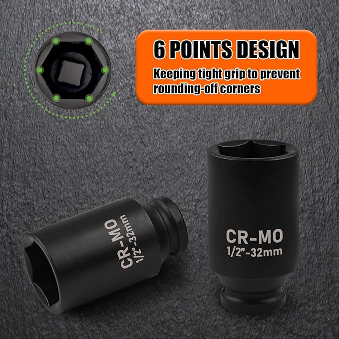 1/2" Drive Deep Impact Socket, 32mm Metric Socket, CR-MO 6 Point for Easy Removal of Axle Nut