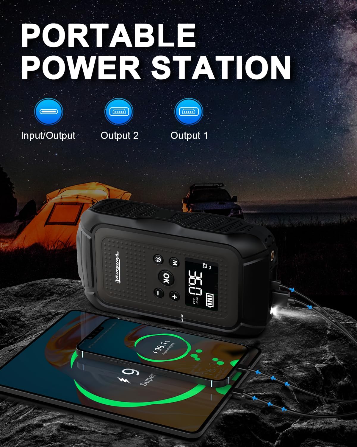 7000A Jump Starter with Air Compressor, VoltSurge 150PSI Battery Charger Pack (All Gas/10.0L Diesel), 12V Battery Jumper Starter Portable, Car Jump Box with Large LCD Display