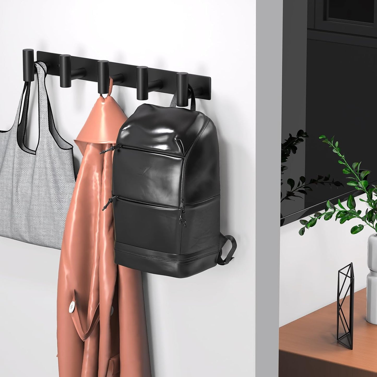 Coat Rack Wall Mounted with 5 Hooks,Metal Wall Hooks for Hanging Towel Coat Bag, Stainless Steel Coat Hooks Hat Rack Coat Hanger Towel Hooks for Entryway Bathroom Kitchen (Black, 2 Packs)