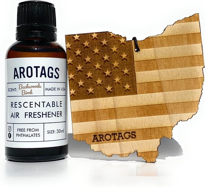 Arotags Car Air Freshener - Reusable Wood Diffuser - Hanging Odor Eliminator - Ohio Patriot - Backwoods Birch Scent
