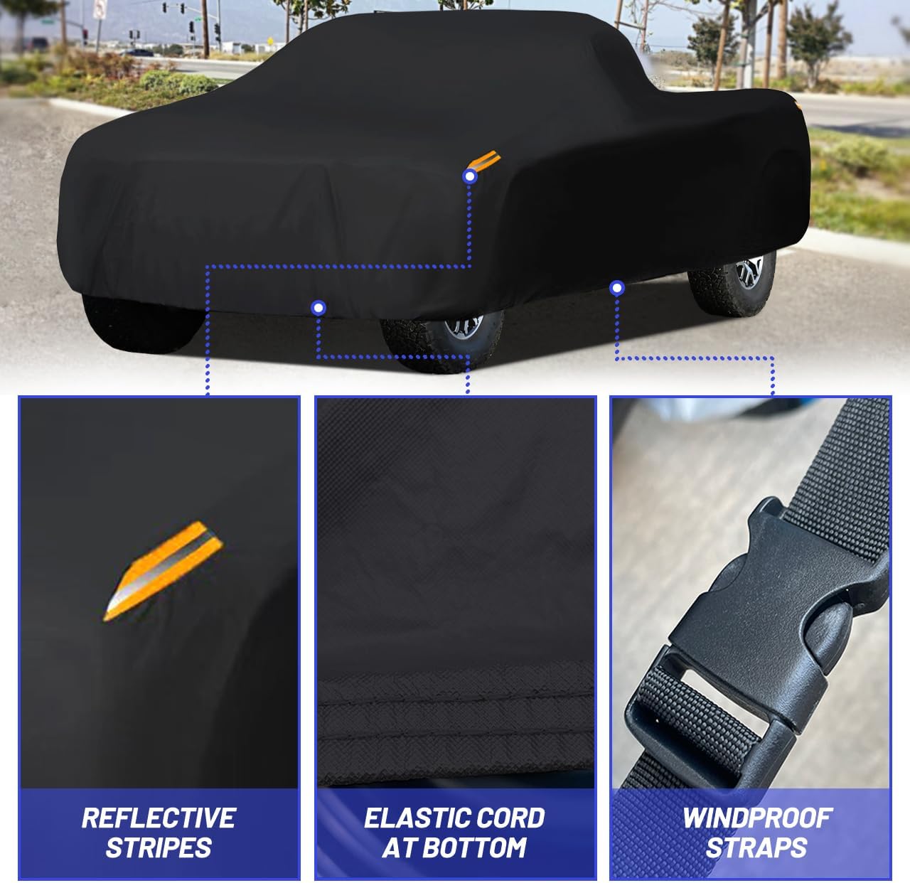 MORNYRAY Waterproof Car Cover All Weather Snowproof UV Protection Windproof Outdoor Full Truck Cover, Universal Fit for (All Black, Fit Truck Length 230-242 inch)