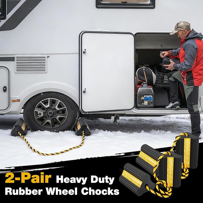 SHALL Wheel Chocks, Heavy Duty Rubber Wheel Chocks with 3 Reflective Strips, Solid Block Stopper for RV Trailer Camper Truck Car Aircraft, 2 Pair/4 Pack with Rope, Yellow
