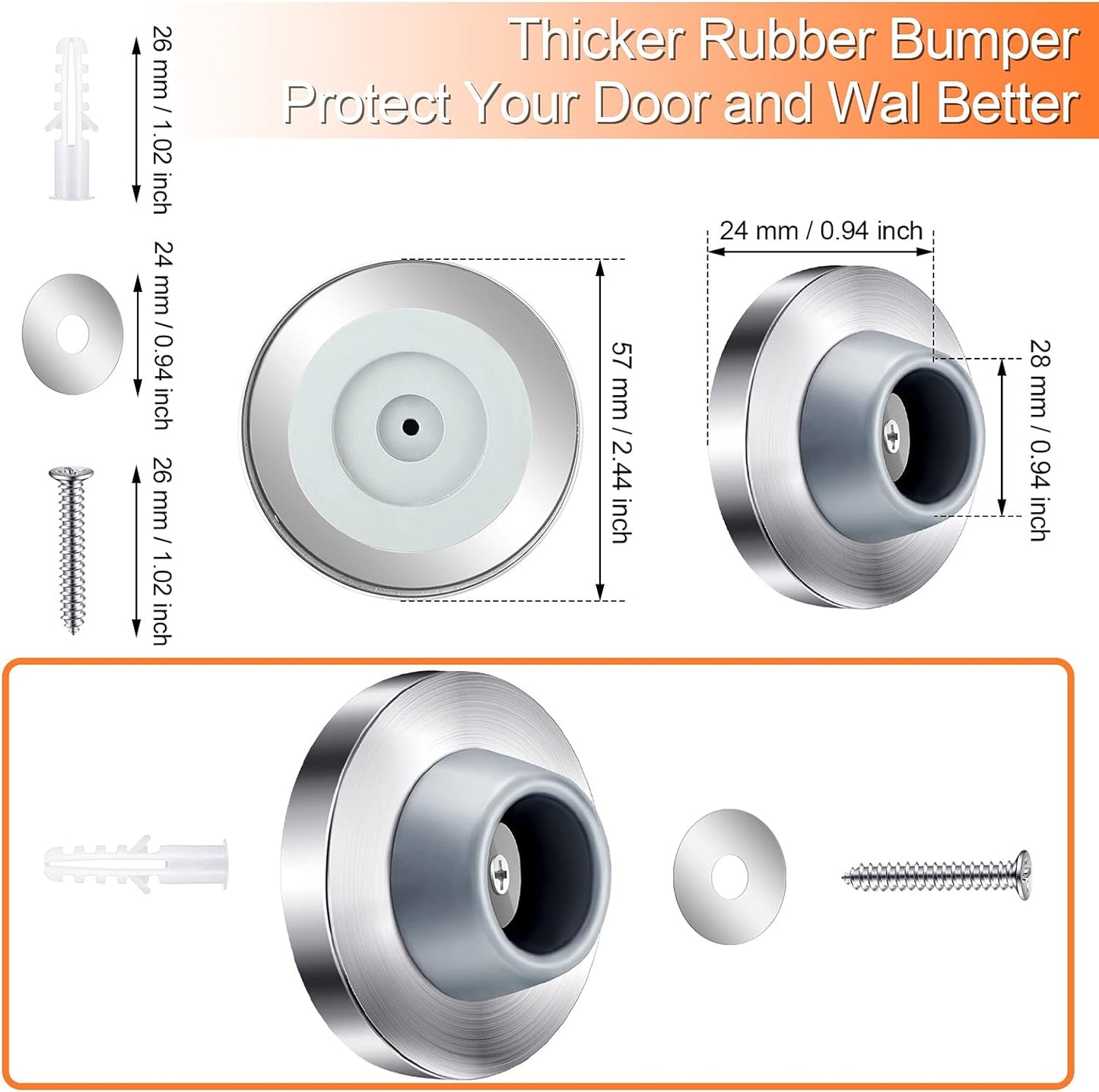 Blulu Concave Wall Door Stopper Door Bumper Stainless Steel Wall Protector Flush Bumper with Grey Rubber Concave Knob Cover Stopper(Silver,4 Pieces)